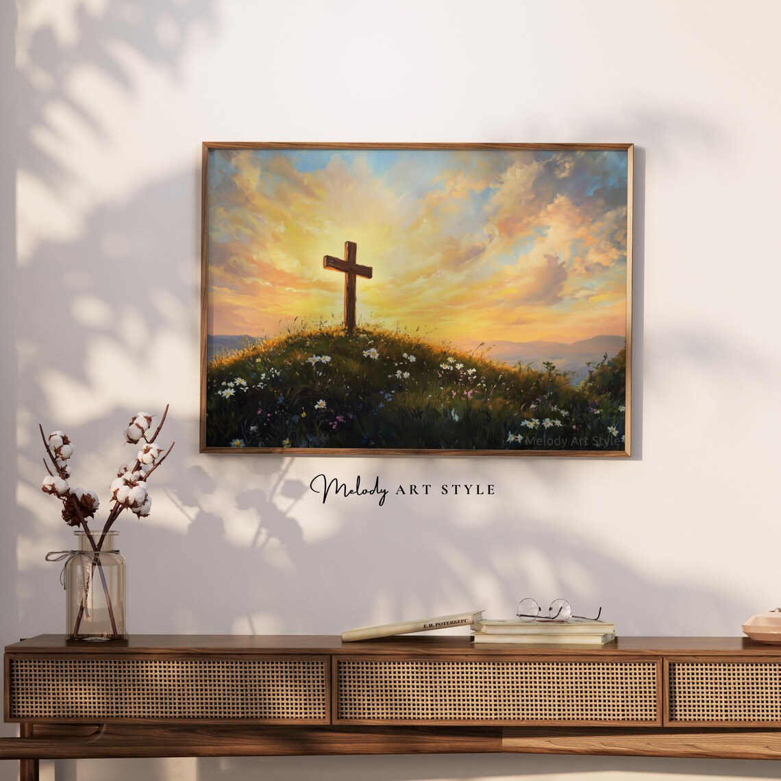 Wooden Cross On Hill Golden Sunset Wildflower Meadow Faith Poster - Image 2