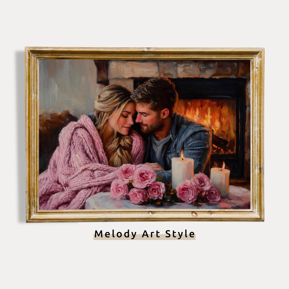 Romantic Couple By Fireplace Pink Roses Candlelight Art Poster