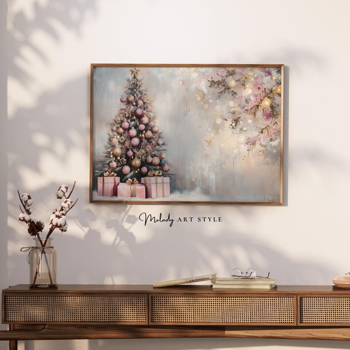 Pink And Gold Christmas Tree With Gifts Frosted Holiday Poster - Image 2