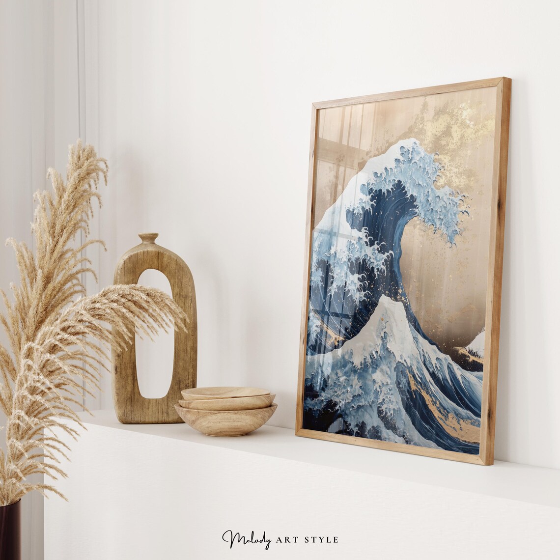 Blue Wave Wall Art Nautical Painting With Gold Oil Painting Katsushika Hokusai Poster Coastal Decor P322 - Image 2