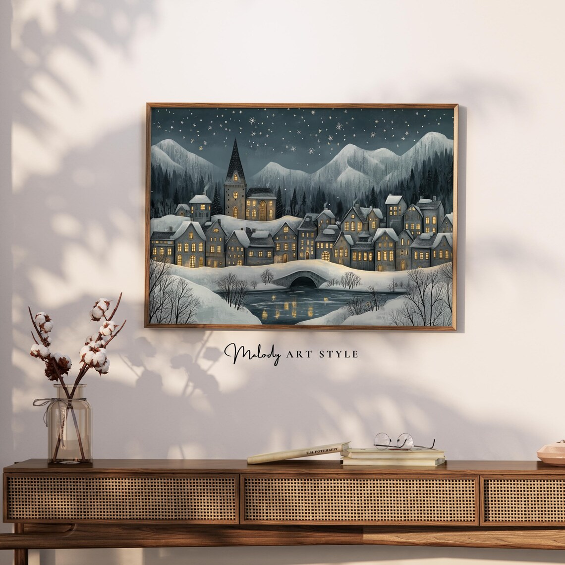 Snowy Village By River Night Church Glowing Lights Winter Holiday Poster - Image 2