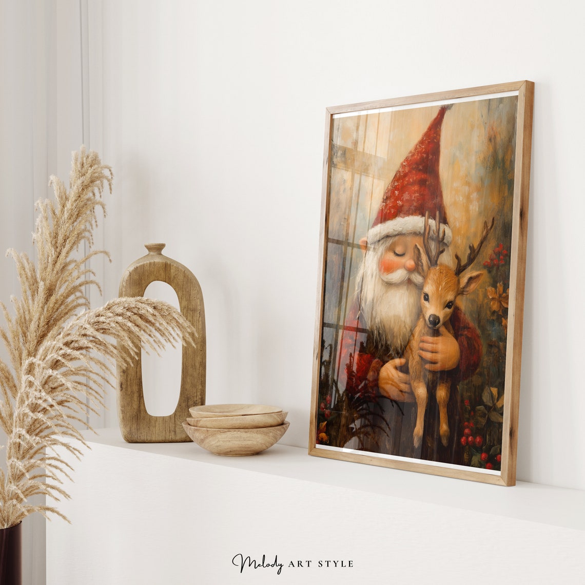 Christmas Gnome Hugging Baby Reindeer Cute Holiday Art Poster - Image 2
