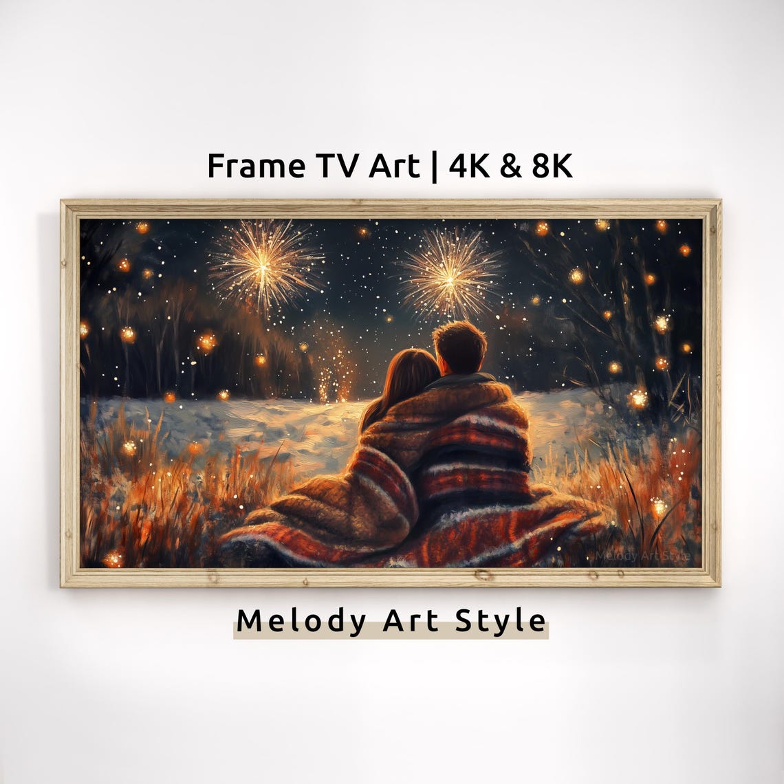 Couple Watching Fireworks Snowy Night Romantic Blanket Holiday Poster