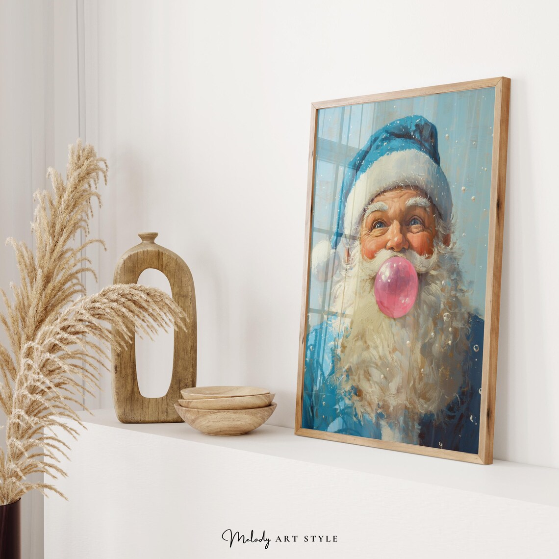Santa Claus Blowing Pink Bubble Gum Blue Oil Painting Holiday Poster - Image 2