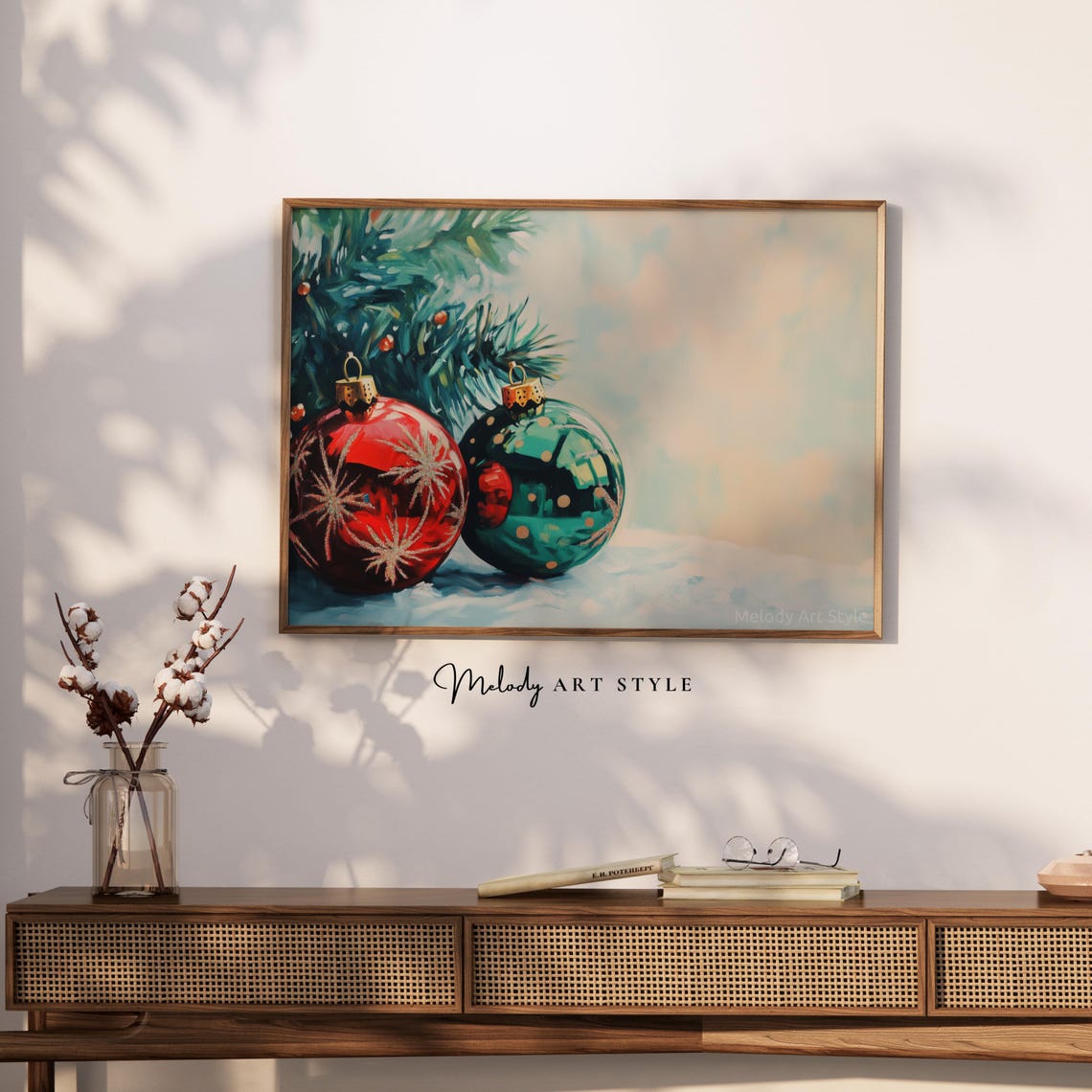 Red And Green Christmas Baubles On Snow Pine Branch Art Poster - Image 2
