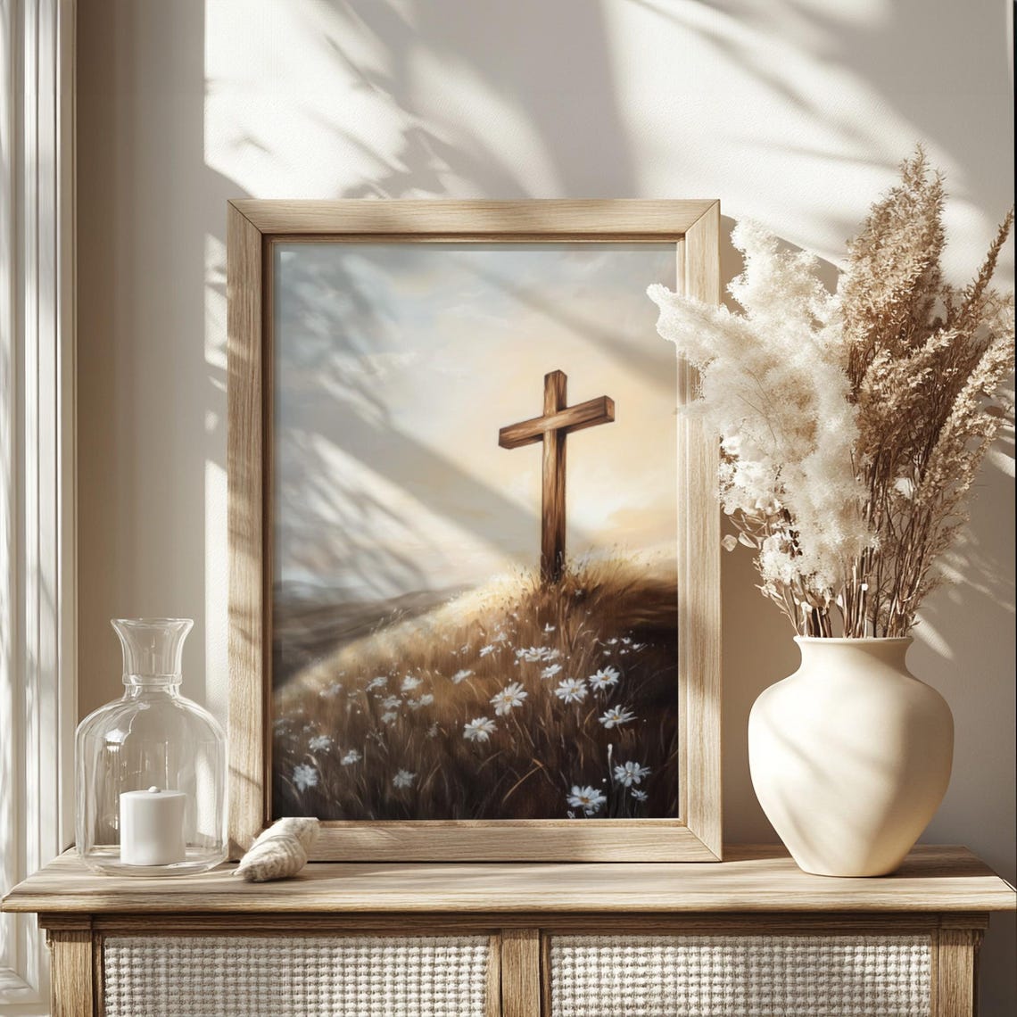 Wooden Cross On Sunrise Hill Above Daisy Meadow Christian Faith Poster - Image 2