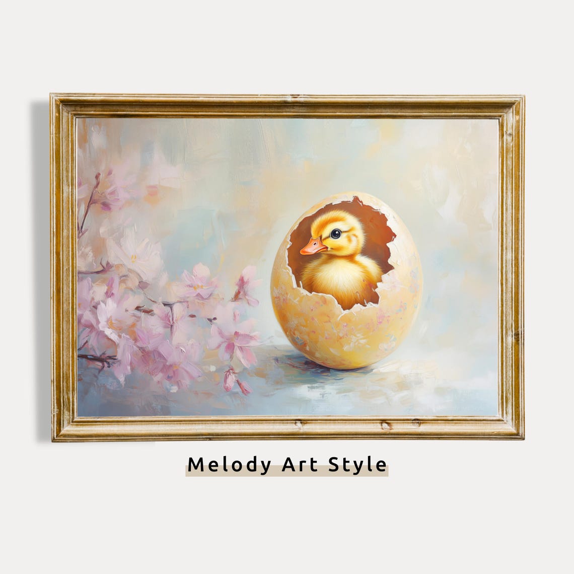 Baby Duckling In Yellow Egg Pink Blossom Vintage Easter Wall Art