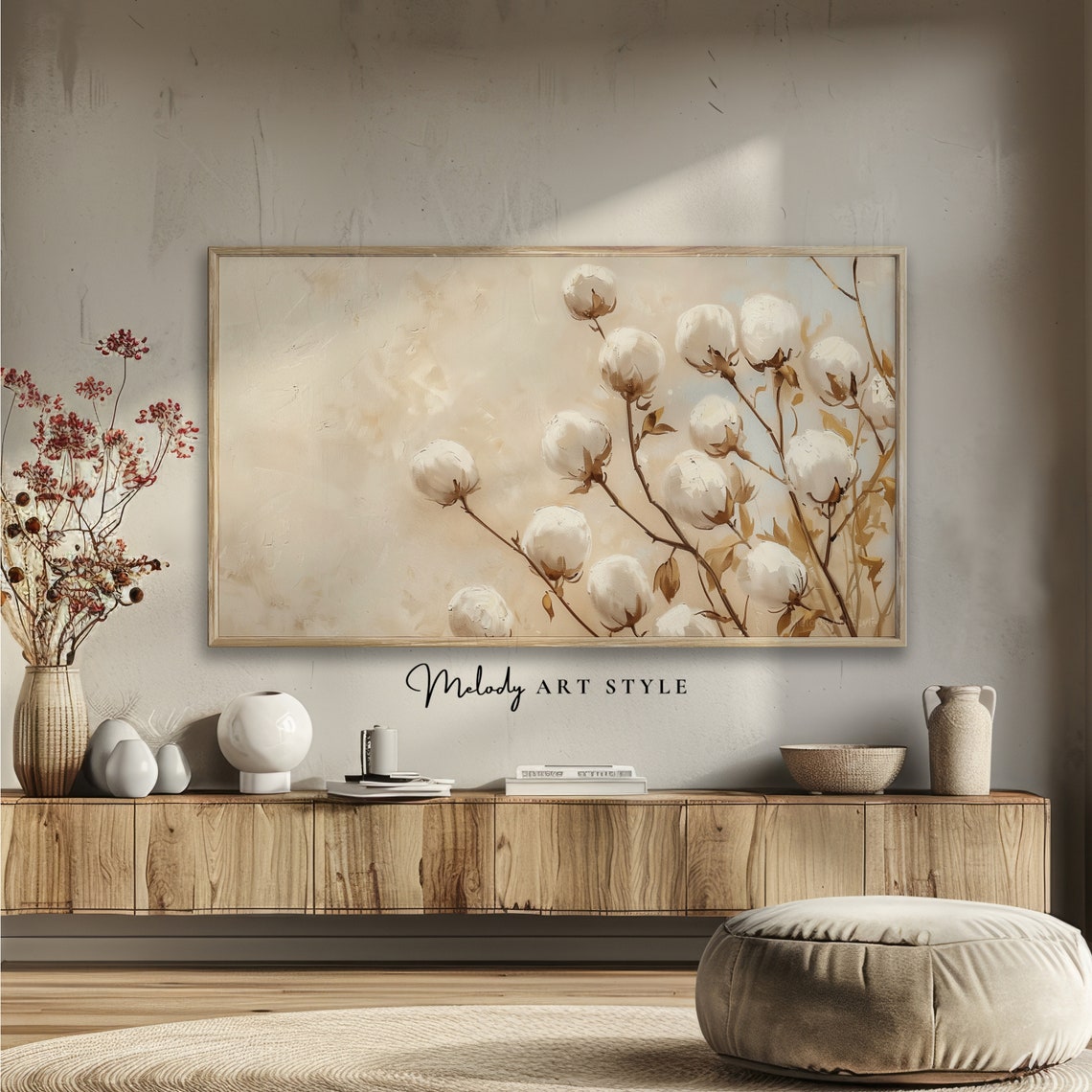 Elegant White Cotton Stems Minimalist Botanical Farmhouse Art Poster - Image 2