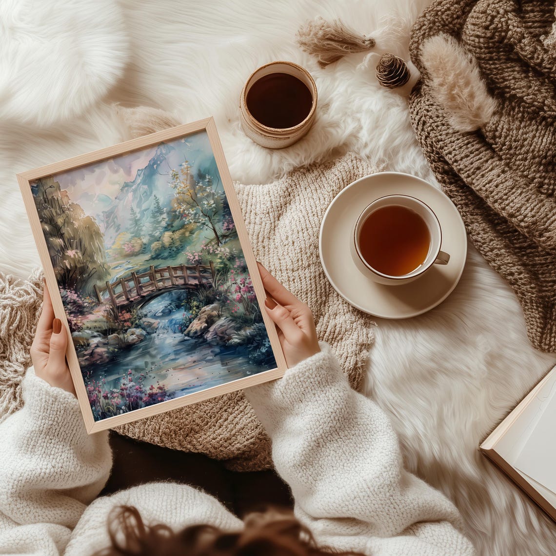 Rustic Wooden Bridge Mountain Stream Spring Watercolor Art Poster - Image 2