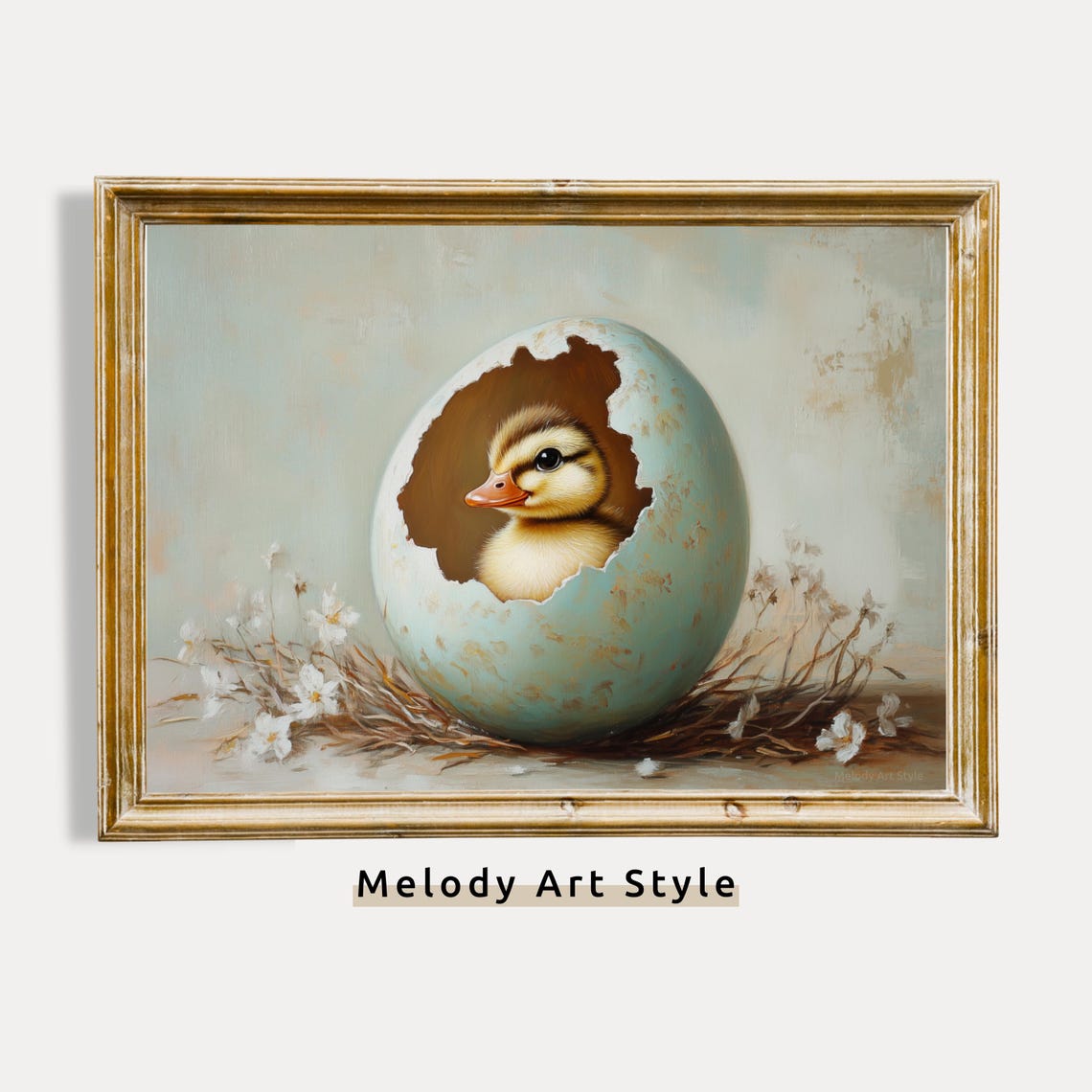 Duckling In Blue Egg Vintage Easter Baby Chick Hatching Wall Art