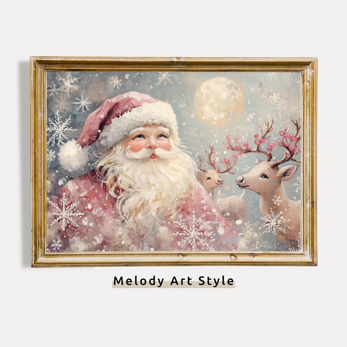 Pink Santa Claus With Reindeer Snowflake Holiday Christmas Art Poster