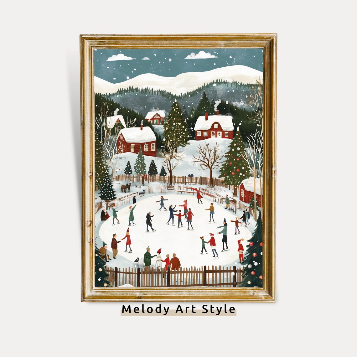 Vintage Christmas Ice Skating Rink Red Houses Snowy Village Art Poster