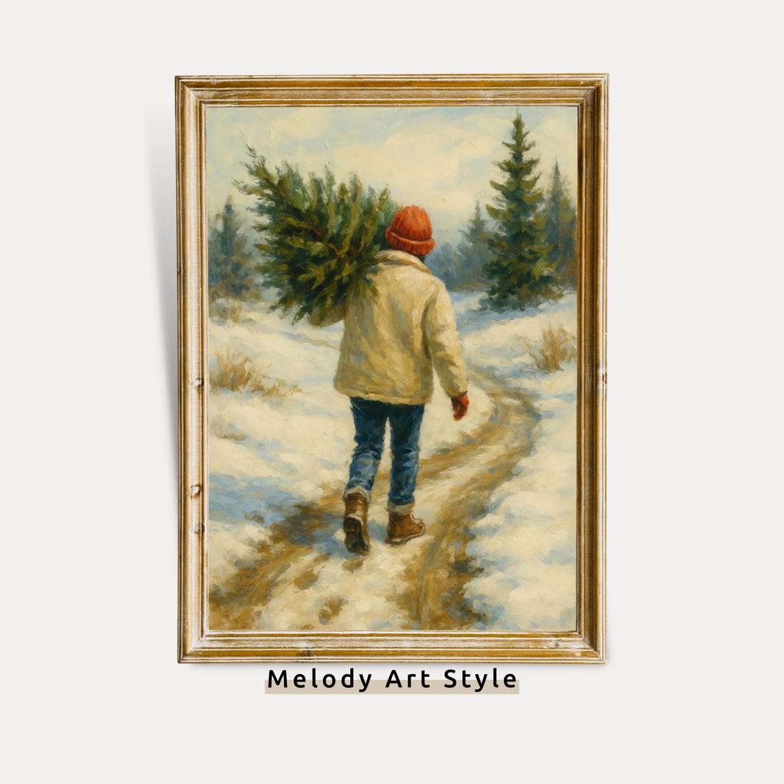 Man Carrying Christmas Tree Through Snowy Winter Path Poster
