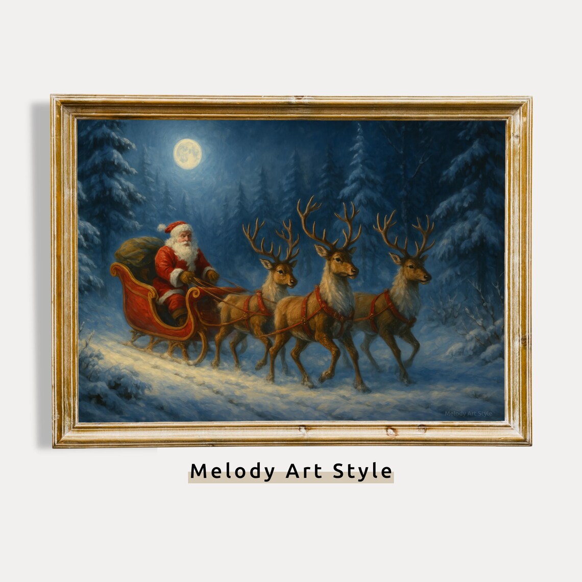 Santa Sleigh With Reindeer Team Through Moonlit Snowy Forest Night Poster