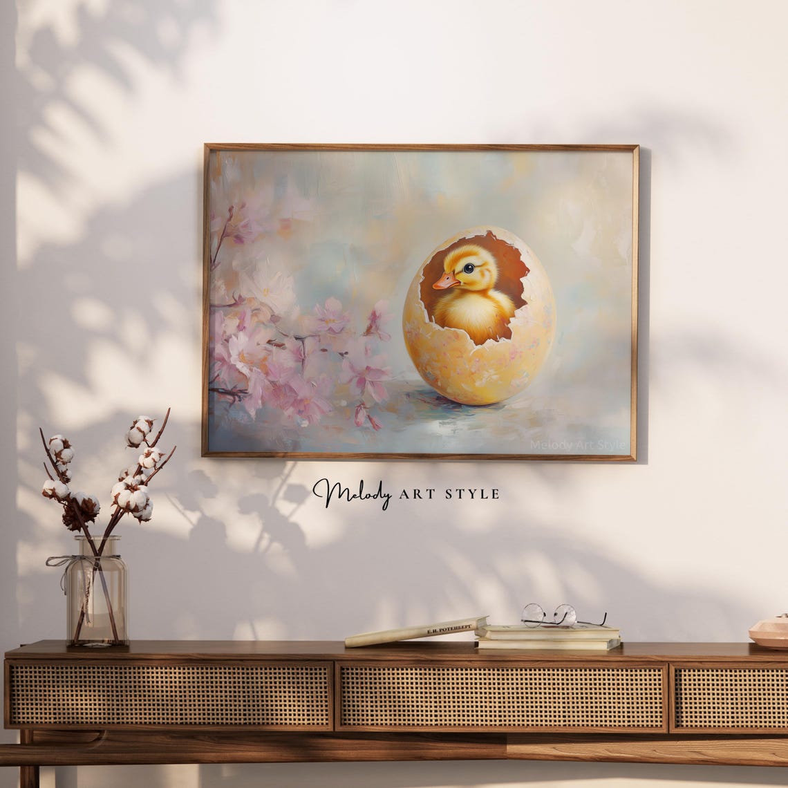 Baby Duckling In Yellow Egg Pink Blossom Vintage Easter Wall Art - Image 2
