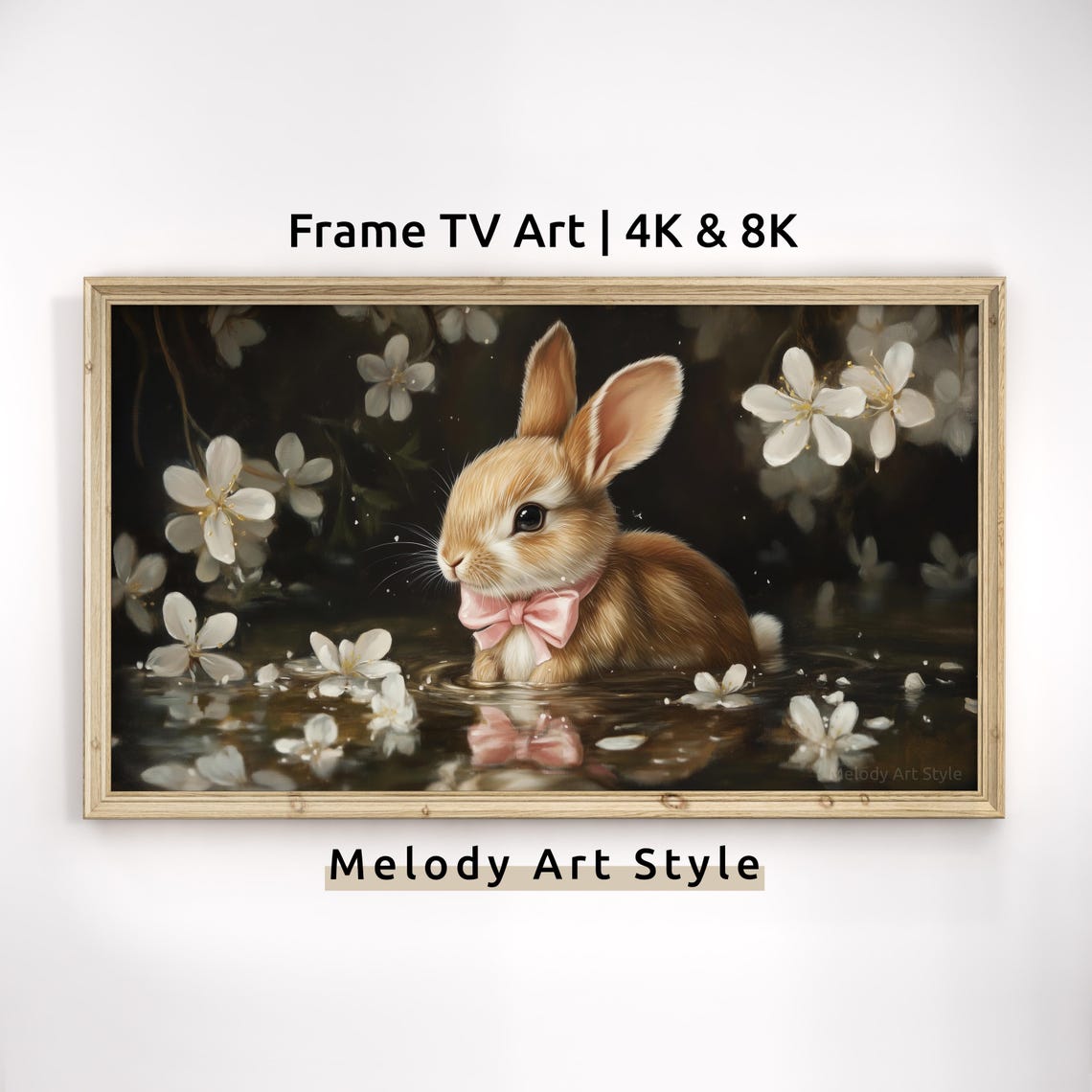 Bunny With Pink Bow Among Blossoms Dark Moody Spring Art Poster