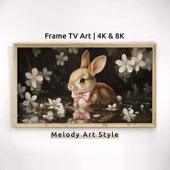 Spring Bunny Frame Tv Art 4k 8k Easter Rabbit With Pink Bow Wallpaper Moody Cottagecore Decor Floral Screensaver F205