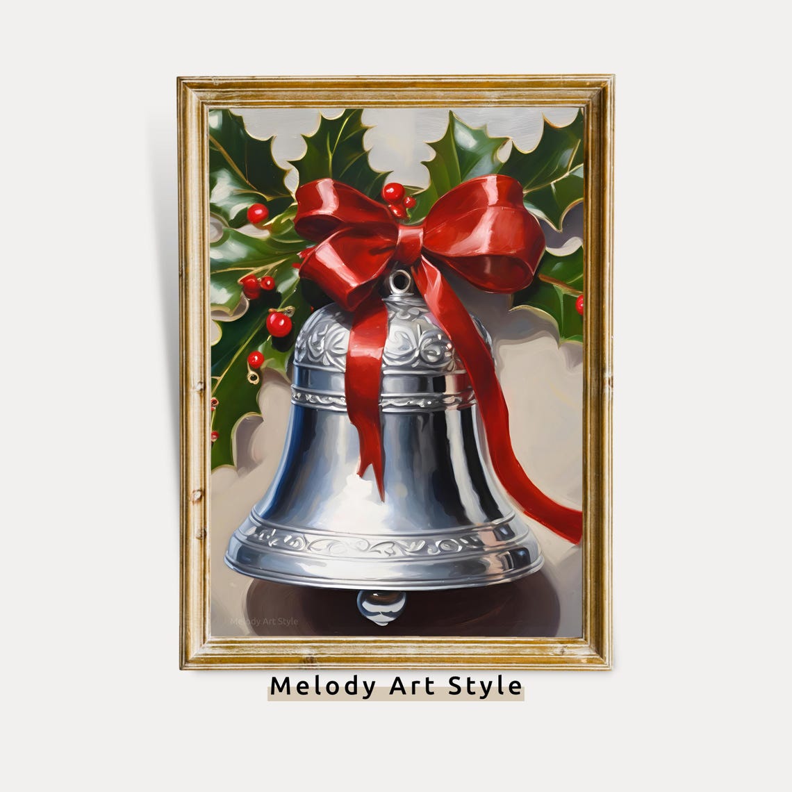 Silver Christmas Bell Red Bow Holly Berries Holiday Wall Art Poster