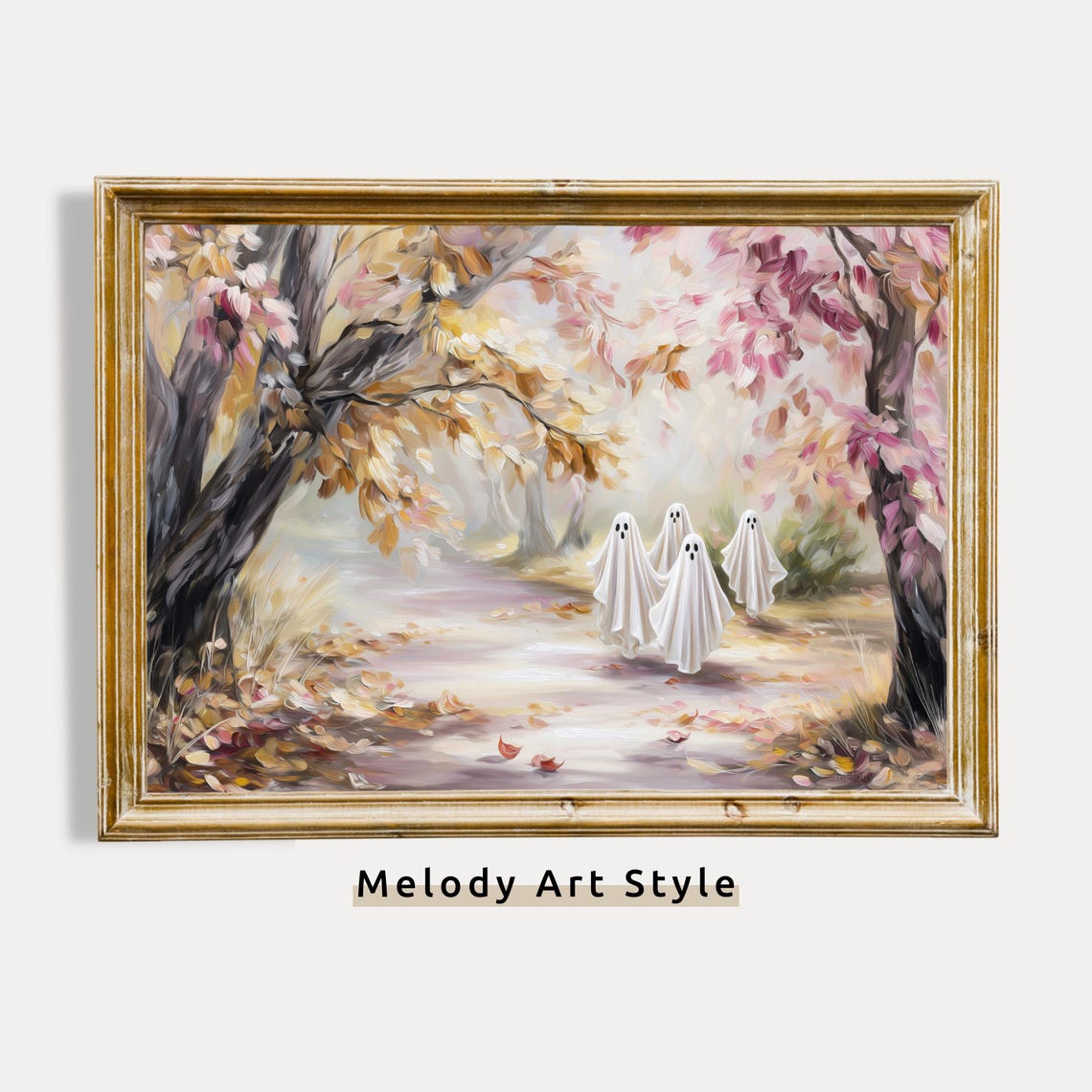 Ghosts Wall Art Four On Fall Path Print Neutral Halloween Decor Cozy Autumn Leaves Scene Instant P615