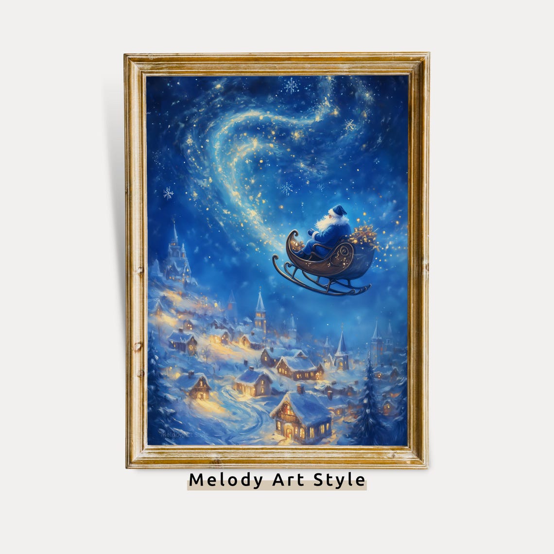 Blue Santa Sleigh Flying Over Snowy Village Starry Night Poster