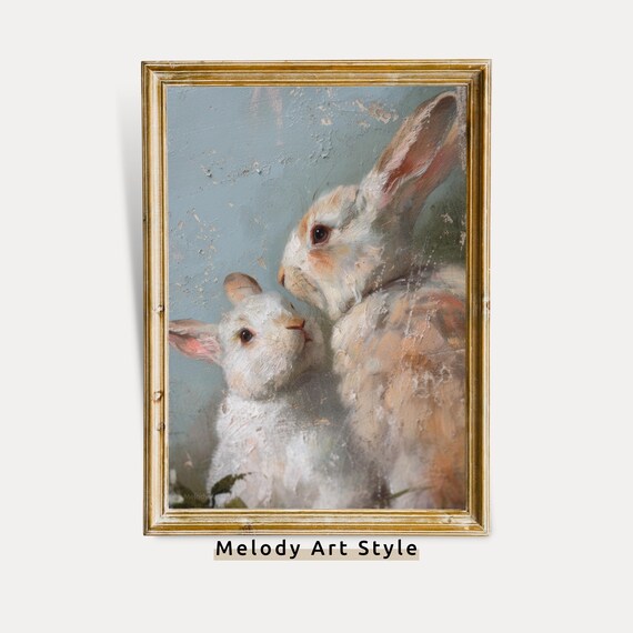 Two White Bunnies Nuzzling Vintage Oil Painting Spring Bunny Poster