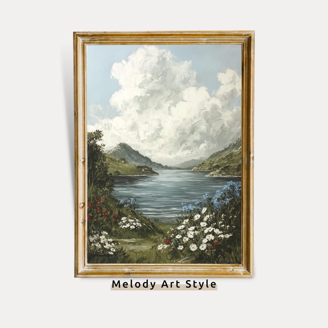 Serene Mountain Lake Wildflowers Vintage Landscape Painting Poster