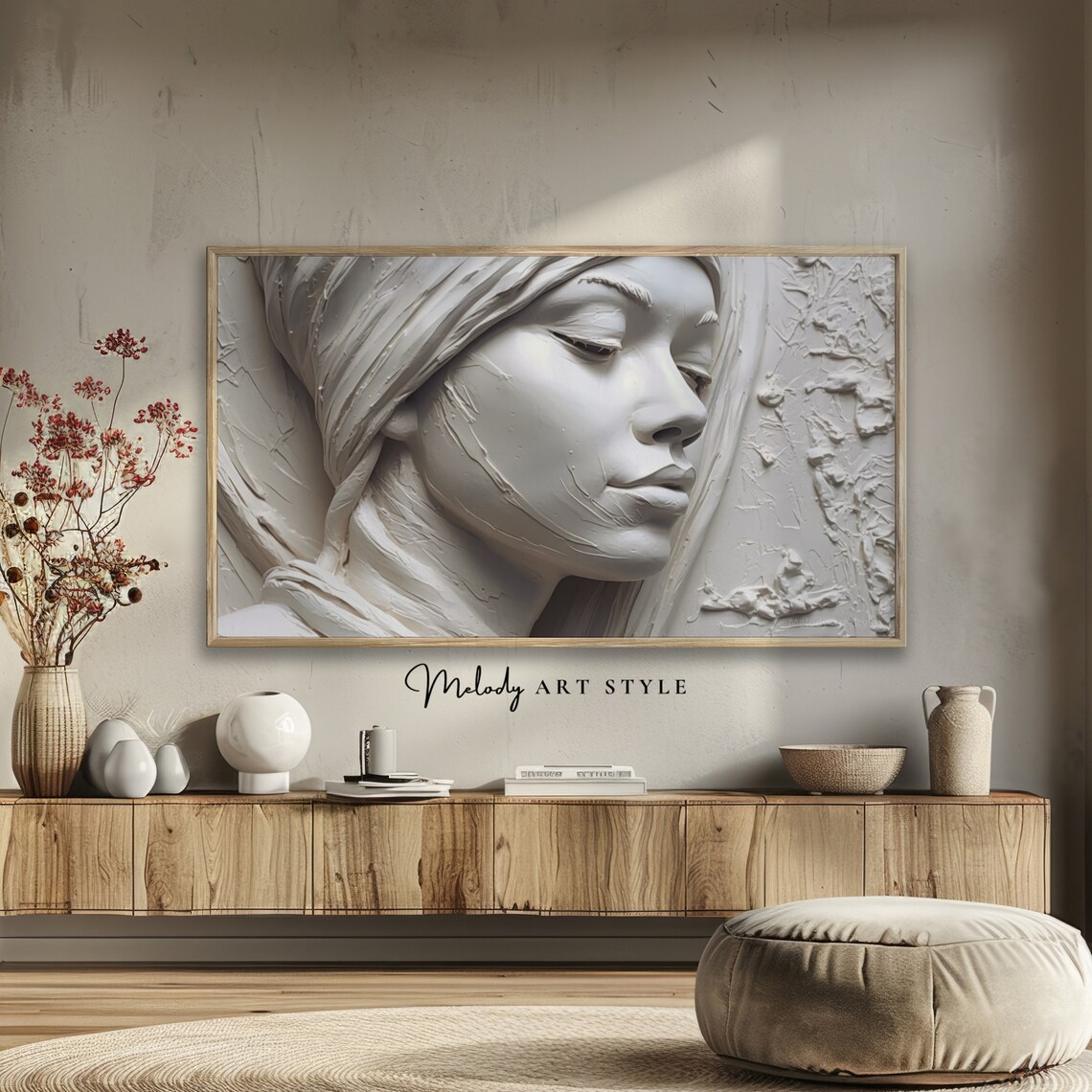 White Plaster Woman Face Relief 3D Minimal Neutral Sculpture Art Poster - Image 2
