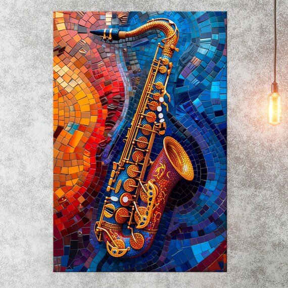 Mosaic Saxophone Gold Blue Tile Art Jazz Instrument Music Lover Wall Art Poster