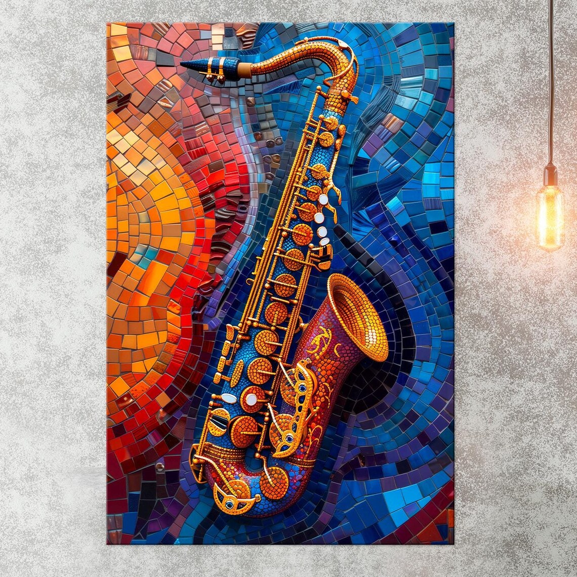Mosaic Saxophone Gold Blue Tile Art Jazz Instrument Music Lover Wall Art Poster