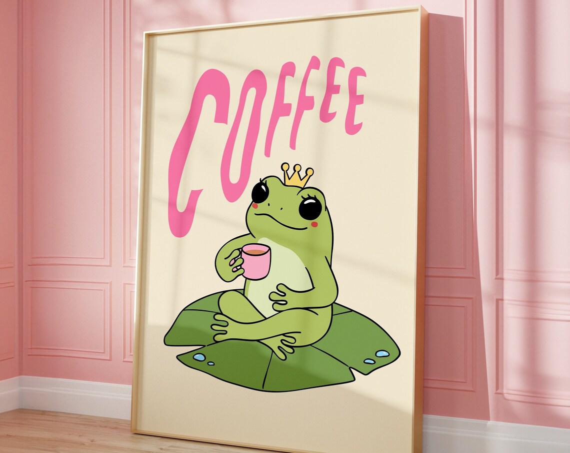 Coffee Cute Frog Prince Crown Lily Pad Pink Kawaii Animal Poster