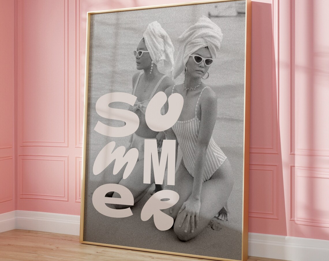 Summer Bold Type Retro Beach Photo Black And White Girl Poster