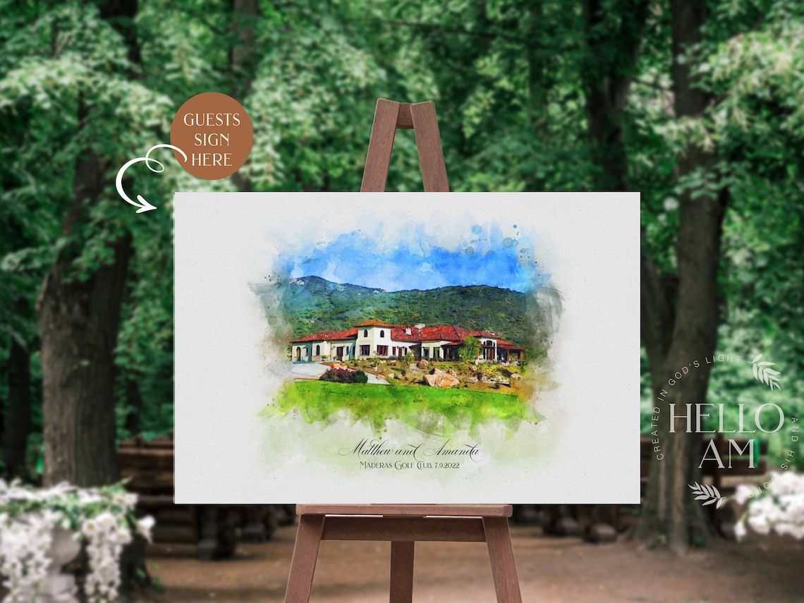 Custom Watercolor Wedding Venue Painting Waterfront Sign Board Poster - Image 2