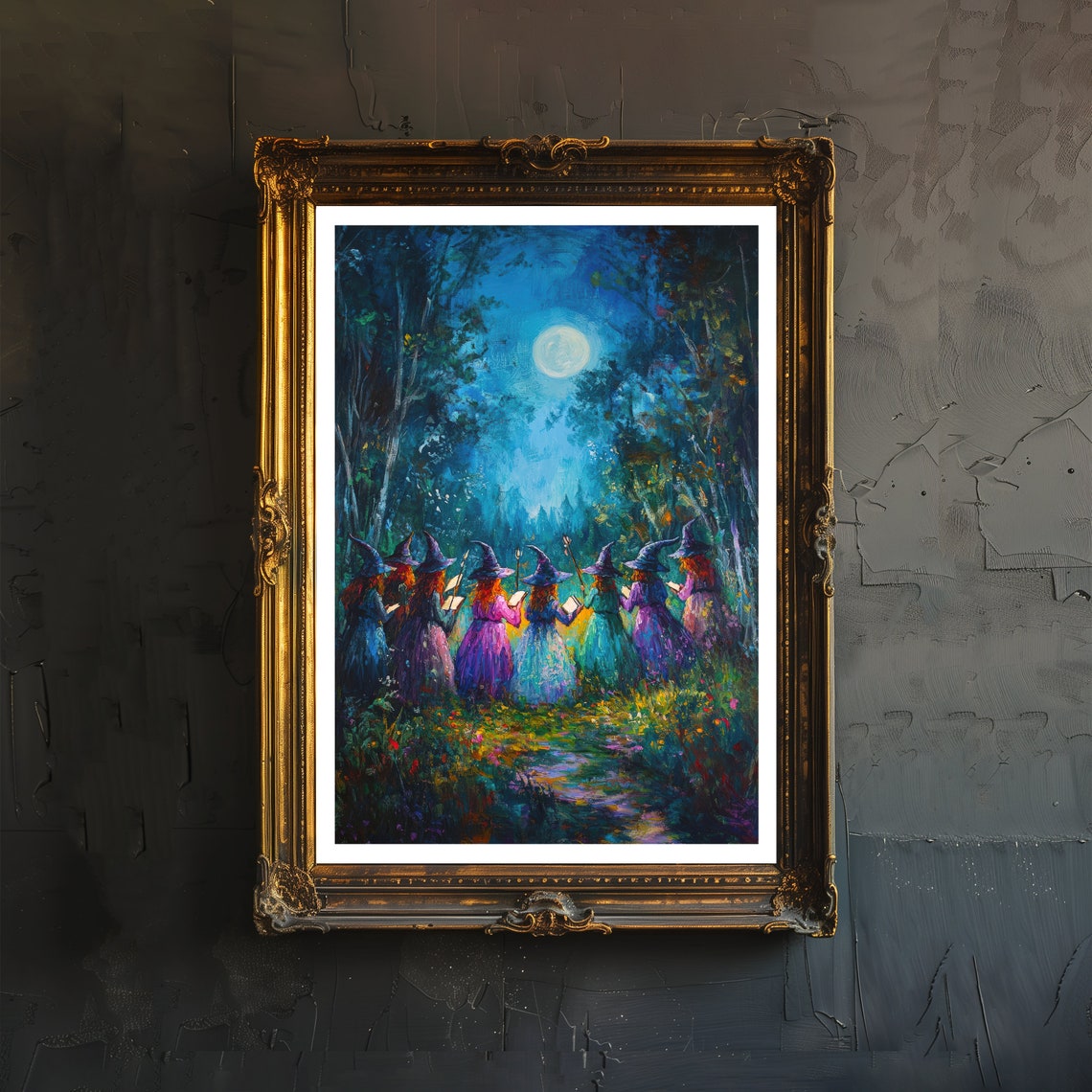Witches Coven In A Moonlit Clearing Print Dark Academia Art Witchy Decor Gothic Home Antique Illustration Victorian Era Enchanted