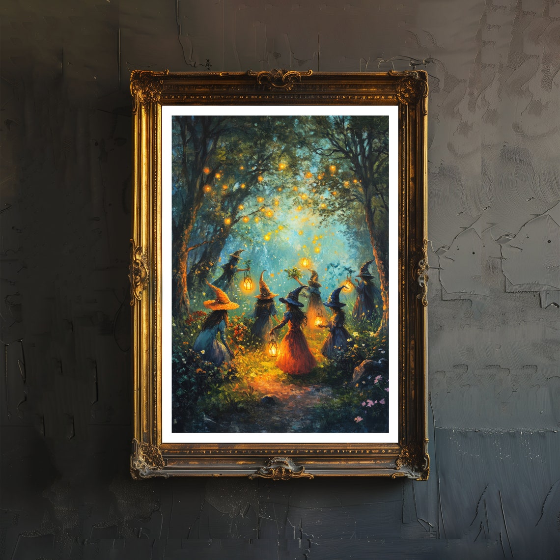 Witches Gathering In Magical Herb Garden Lanterns At Night Poster