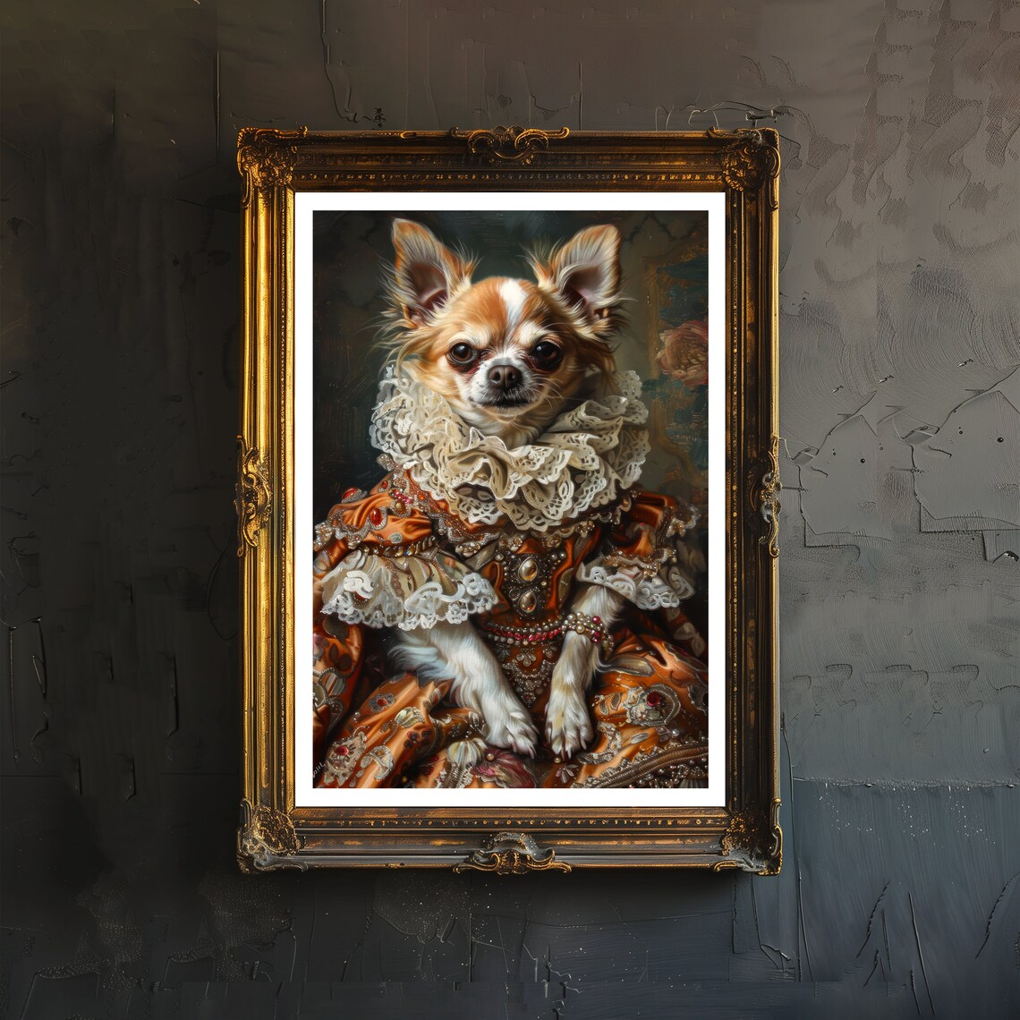 Chihuahua in Renaissance Gown Lace Ruffle Noblewoman Dog Art Poster