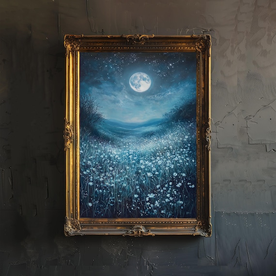 Full Moon Over Wildflower Meadow Starry Night Mystical Blue Art Poster