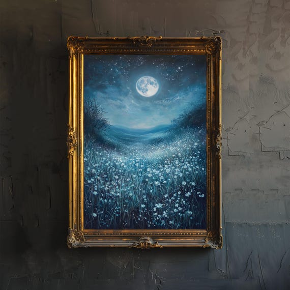 Moonlit Meadow Art Print Mystical Night Sky Wall Vintage Nature Poster For Living Room Bedroom Or Gallery Ethereal Landscape Dcor