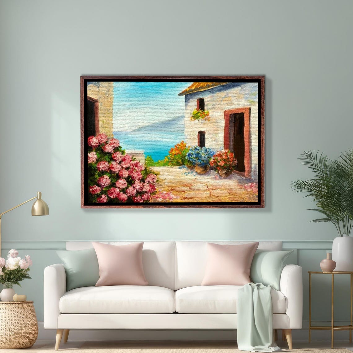 Mediterranean Coastal House With Pink Flowers And Sea View Poster