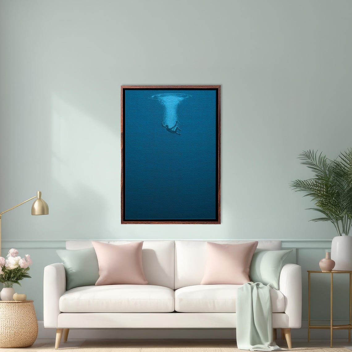 Diver Sinking Into Deep Blue Ocean Minimalist Underwater Poster