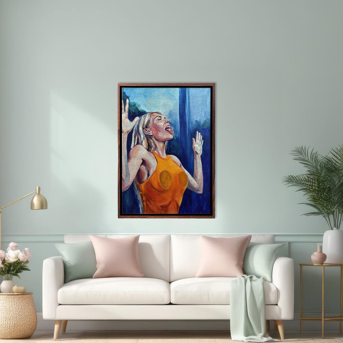 Joyful Blonde Woman Bright Orange Top Expressive Modern Art Poster