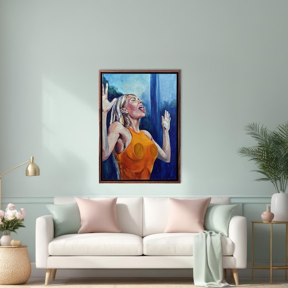 Joyful Blonde Woman Bright Orange Top Expressive Modern Art Poster