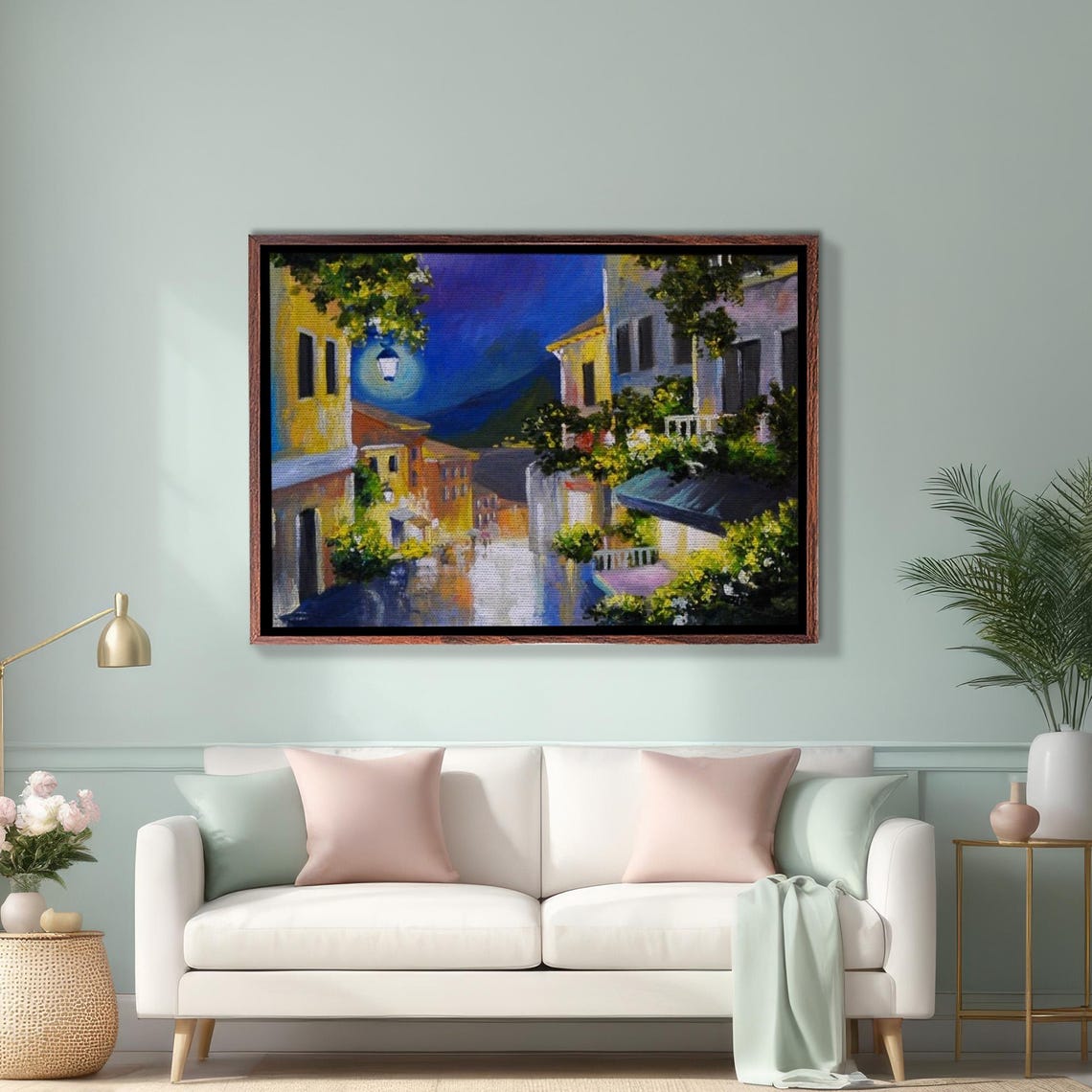 Lantern Lit Night Street In Old Seaside Town Painting Poster