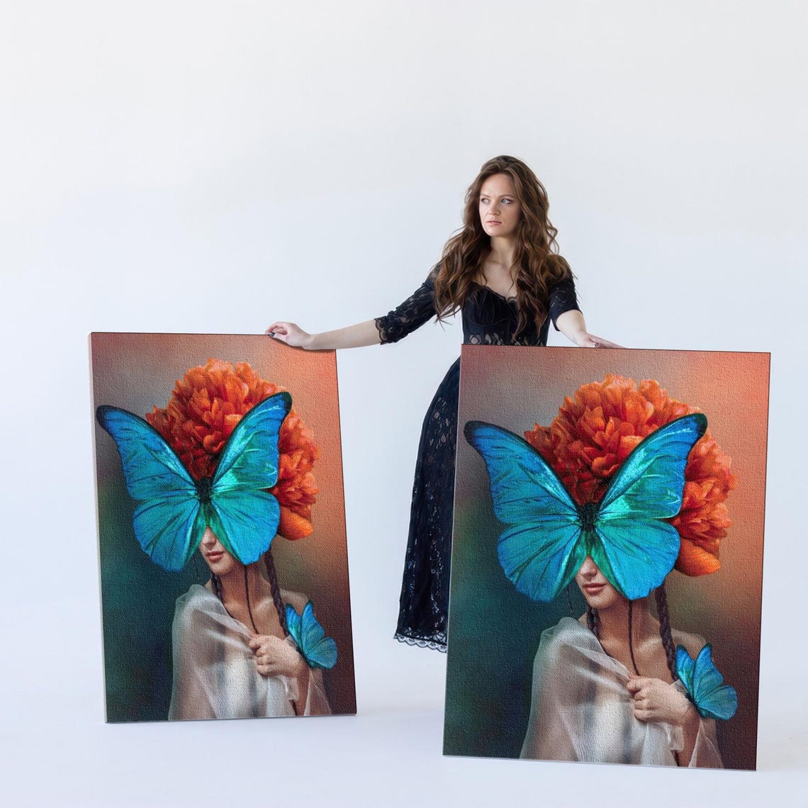 Blue Butterfly Woman Oil Painting Look Decorative Wall Print Framed Wall Art Surreal Wall Art Surreal Print - Image 5