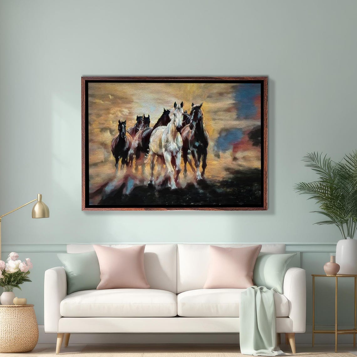 Six Galloping Horses Charging Sunset Dramatic Wild Equine Poster