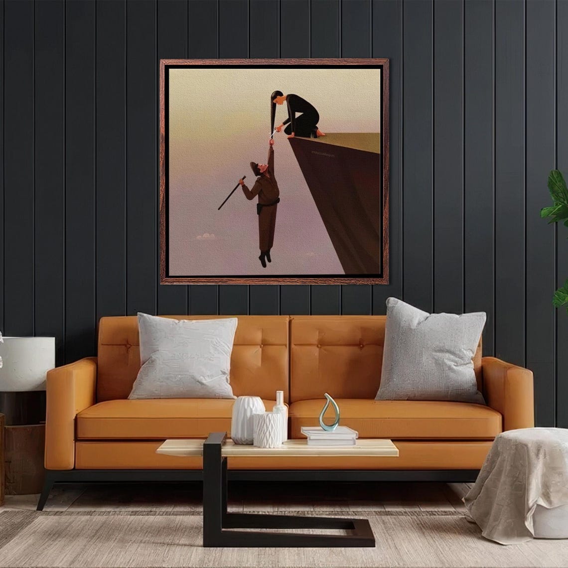 Woman Pulling Man Up From Cliff Edge Surreal Minimalist Art Poster - Image 2