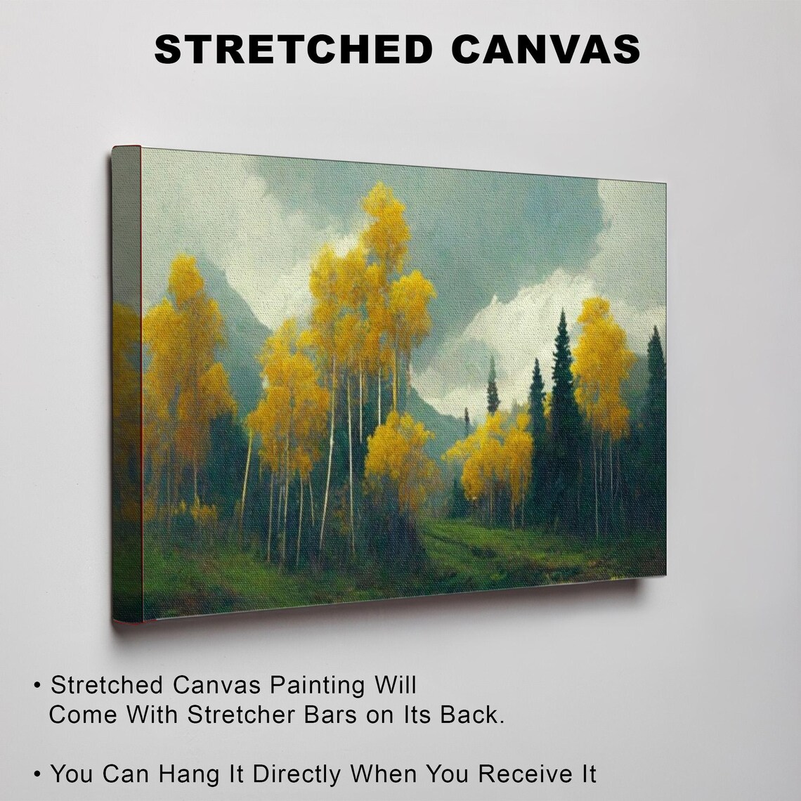 Golden Aspen Trees Among Dark Evergreens Forest Painting Poster - Image 3