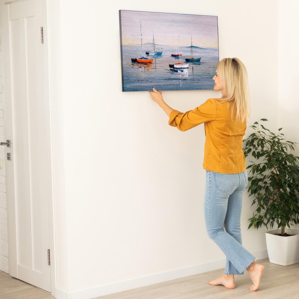 Sailboats Anchored On A Misty Calm Sea Oil Painting Art Poster - Image 5