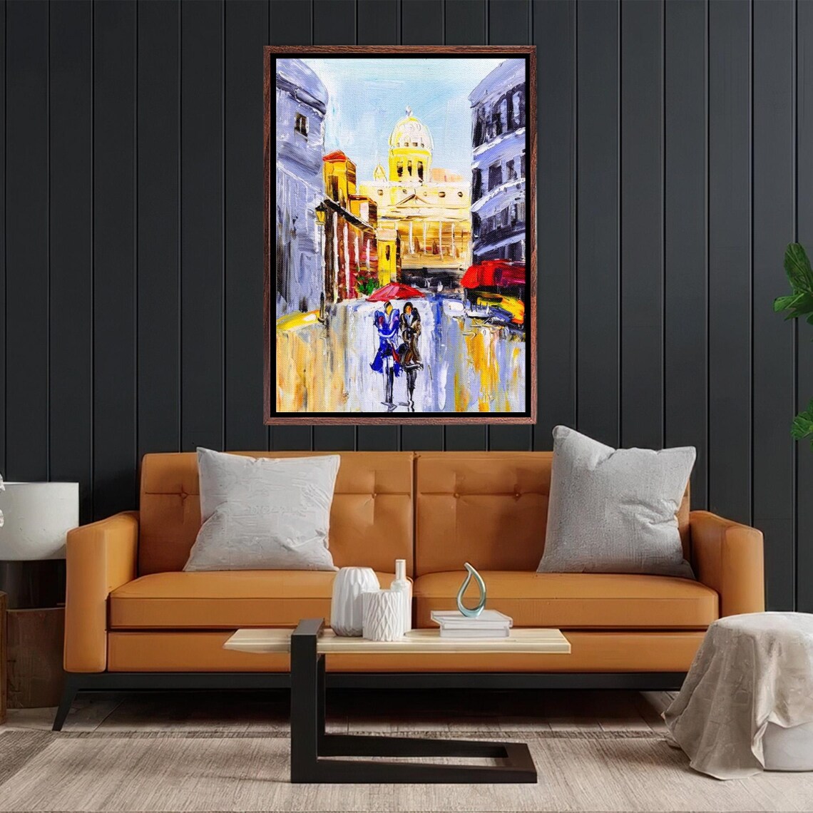 Italy Old Town Street Couple With Red Umbrella Oil Painting Poster - Image 2