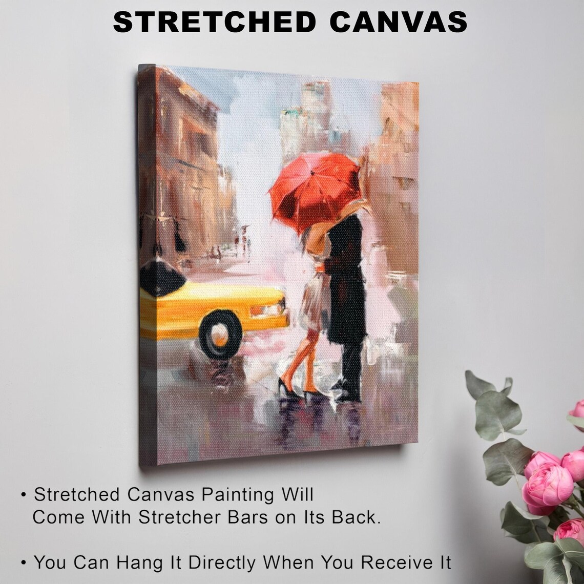 Reuniting Lovers Under Red Umbrella In Rainy City Street Art Poster - Image 3