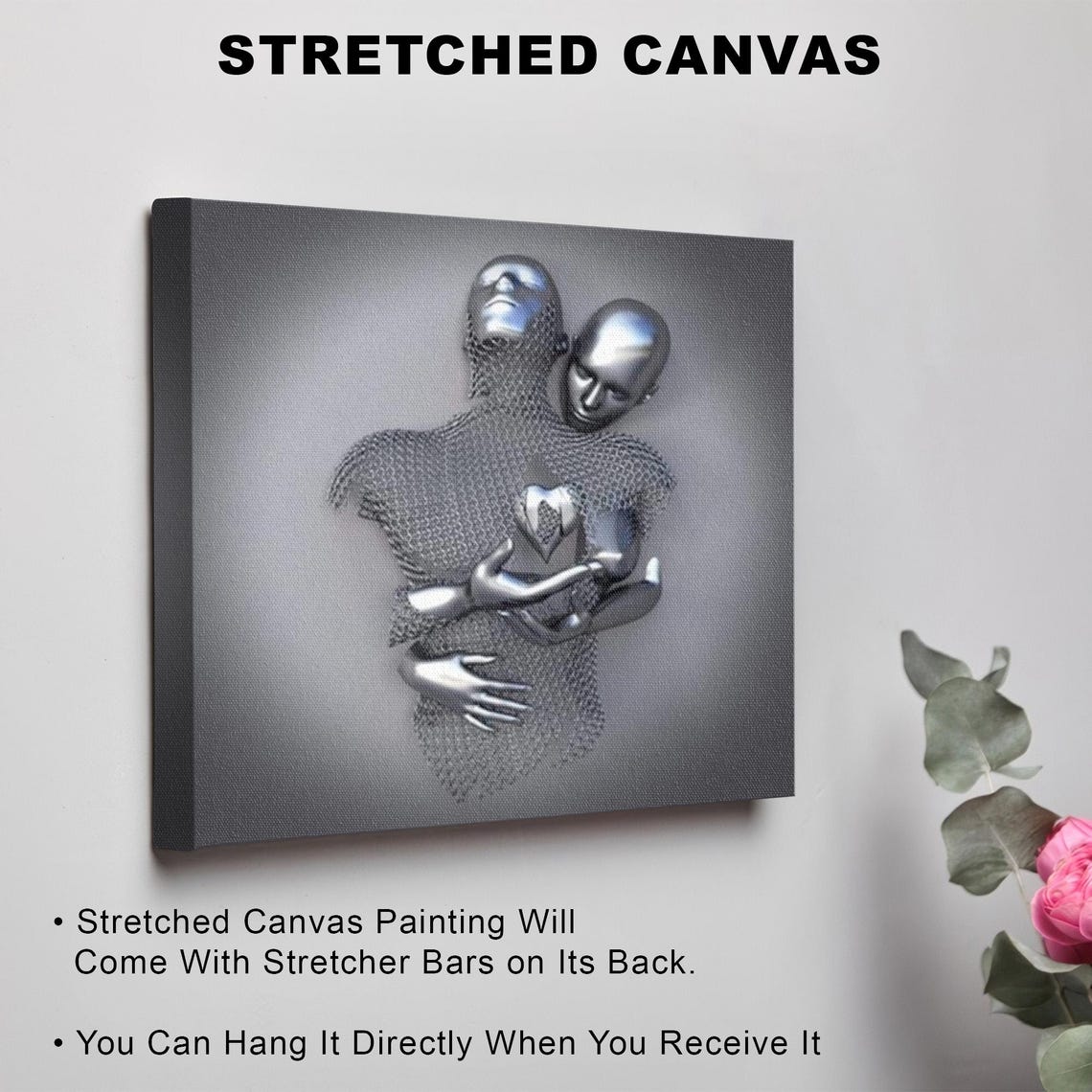 Silver 3D Metallic Couple Embracing With Heart Love Sculpture Poster - Image 3